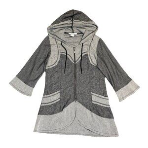 Vintage Y2K Gray Colorblock Hooddie Tunic Top Full Zip Combed Cotton Grunge S